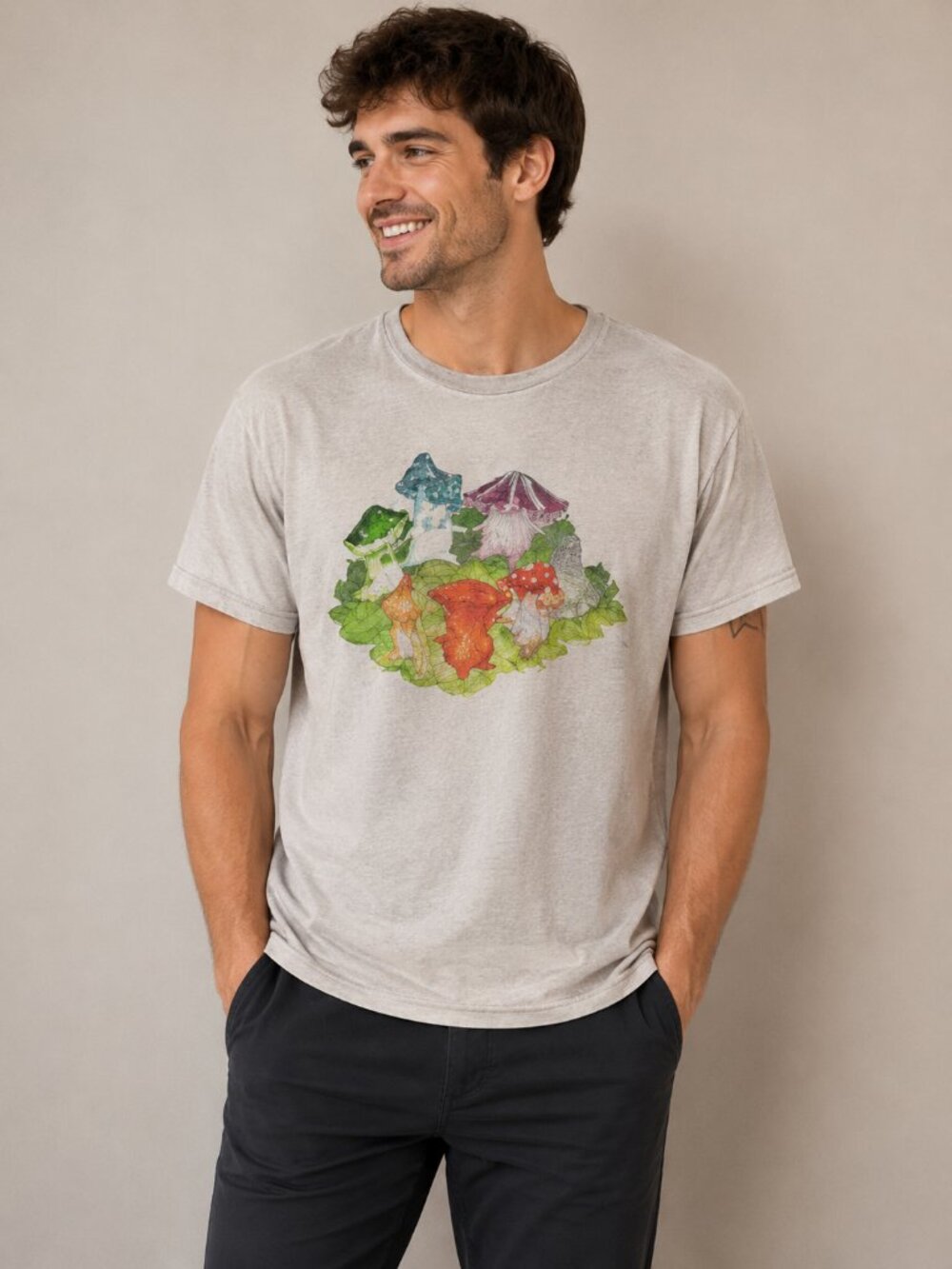 Root People Forest Mushroom Graphic T-Shirt Men's Large Gray Nature Tee
